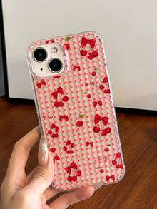 1pc Red Plaid Bow & Cherry Vibrant Phone Case, Compatible With IPhone 11 12 13 14 15 16 17 Pro Max Series - Red - View 1