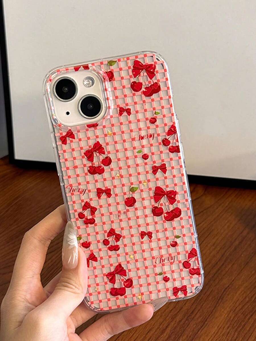 1pc Red Plaid Bow & Cherry Vibrant Phone Case, Compatible With IPhone 11 12 13 14 15 16 17 Pro Max Series - Red - View 1