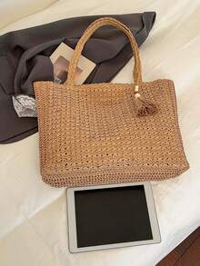 Summer Straw Beach Bag, Large Capacity Tote Bag, Grocery Basket, Handbag, Vacation Style, Simple Versatile, Multi-Pocket Women Bag, Suitable For Dresses, Shopping, Travel, Storage, Wicker Bag - Khaki - View 7