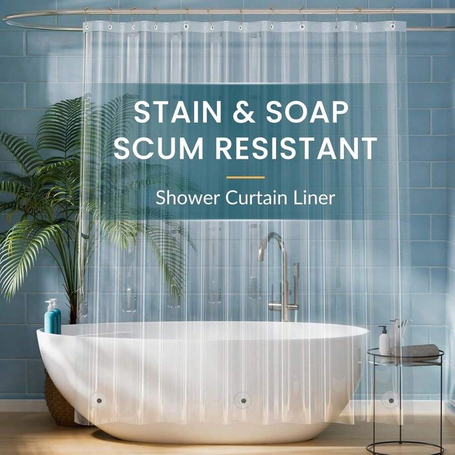 1 tấm lót rèm tắm dày trong suốt, rèm cửa sổ phòng tắm bằng nhựa PEVA nhẹ kèm 12 móc chống gỉ và rèm tắm dài trong suốt, phụ kiện phòng tắm lý tưởng.
