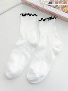 1/2 paires de chaussettes mi-mollet polyvalentes pour le printemps/été, style fille minimaliste avec bordure à volants et couleurs contrastées - Multicolore - Voir 10