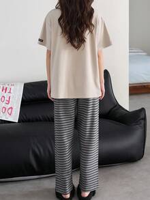 2pcs Women's Pajama Set, Summer Breathable Casual Short Sleeve & Long Pants Cartoon Homewear - Grey - View 2