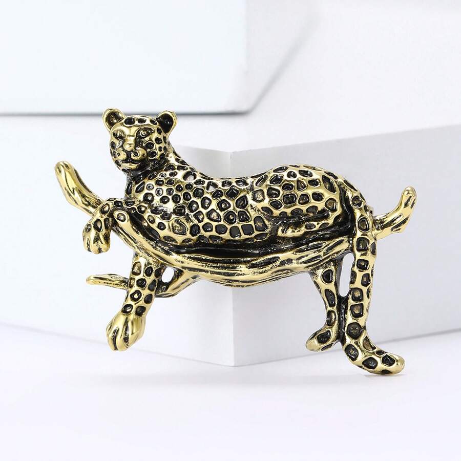 Broche léopard féroce vintage, options de couleur or/argent, texture d'impression léopard 3D + détails de base de branche, convient pour la tenue quotidienne, le costume, la décoration de sac, l'accessoire mode pour les fêtes et les déplacements, broche chic polyvalente pour toutes les saisons - broche - Voir 1