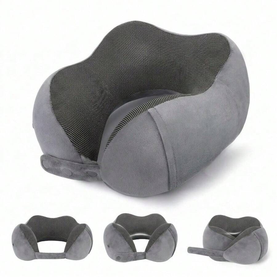 Memory Foam Travel Neck Pillow For Airplane, Adjustable Snap Buttons, Foldable Compact Design With Carry Bag, Washable Velvet Cover, Flat Back Support For Car, Train, Home Use - Grey - View 1