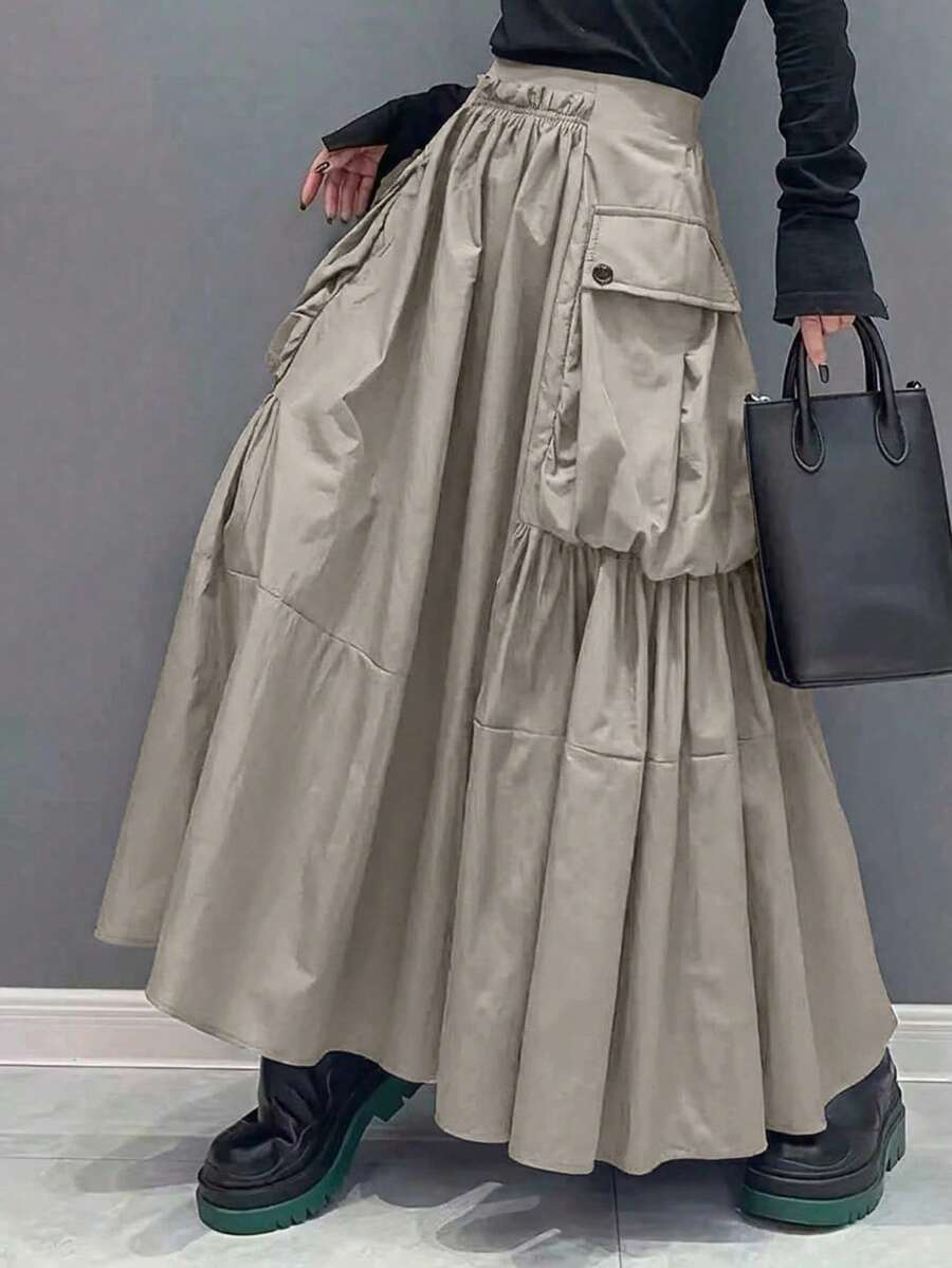 New Arrival High Waist Skirt With Large Pockets, Fashionable Loose Casual Skirt For Women Spring - Apricot - View 1