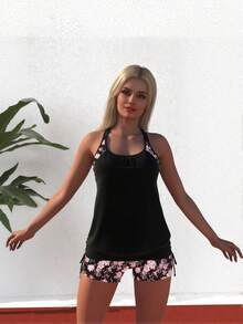 2026 Women's Modest Tankini Set: Solid Black Top With Pink Floral Print Shoulder Accents And Matching Pink Floral Print Swim Shorts - 黑色 - 查看 3