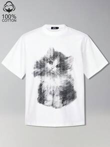 Men's Street Style White T-Shirt With Retro Cat Graphic Print - White - View 1