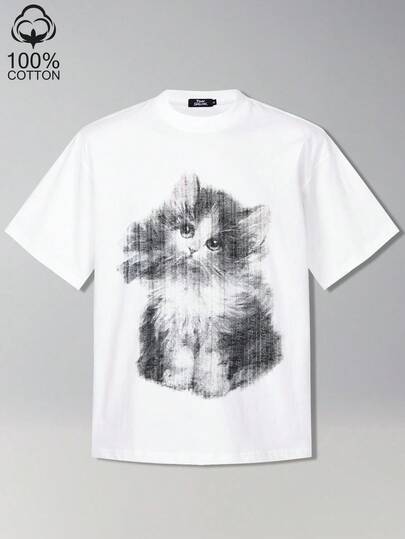 Tiny Spark Men's Street Style White T-Shirt With Retro Cat Graphic Print