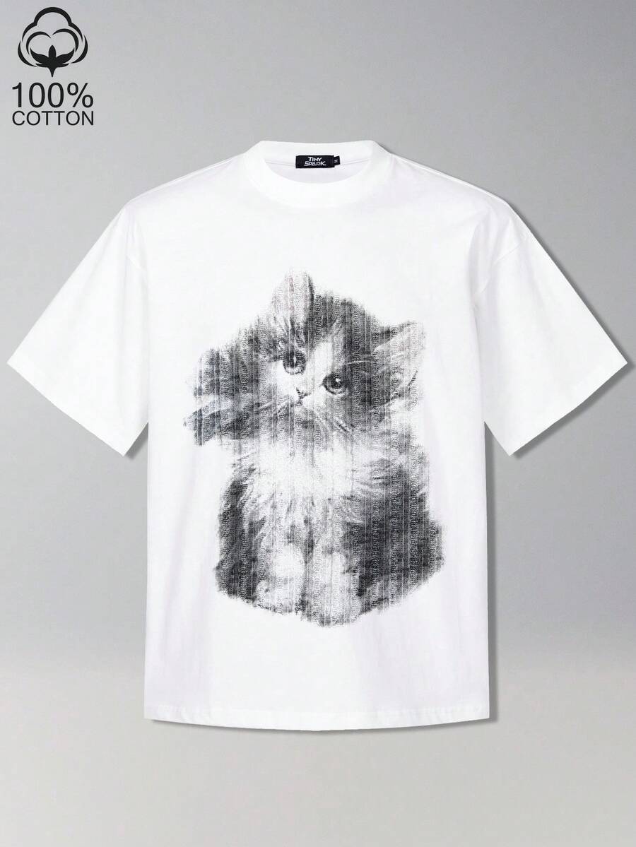 Men's Street Style White T-Shirt With Retro Cat Graphic Print - White - View 1