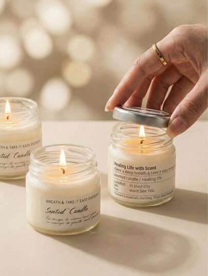 1个简约美学玻璃罐香氛蜡烛，大豆蜡材质，家居装饰，浪漫礼物，生日、婚礼派对回礼，爱与幸福/想见你字母蜡烛