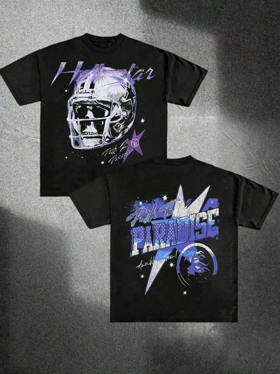 Hellstars Path To Paradise Football Helmet Y2K T-Shirt Double Sided Printed (220g 100% Cotton T-Shirt), Summer Clothes, Women's Tops, Casual And Comfortable, Fashionable Graphic Tee, Unisex Style - Black - View 1