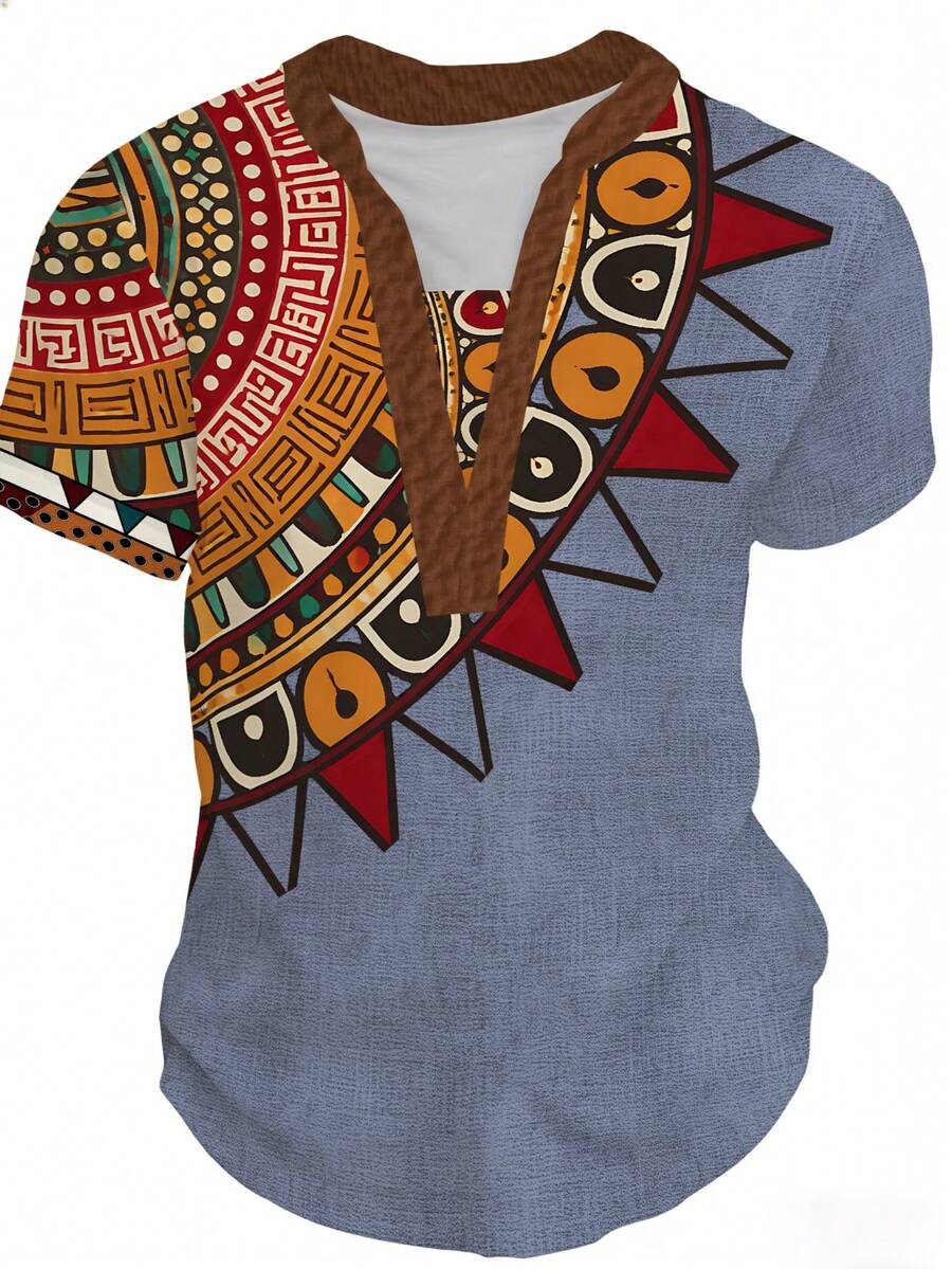 Camisa henley de manga corta con cuello de botones, de estampado africano verde, con cuello en V para hombres - Transpirable, de verano, casual y semi-formal, adecuada para vacaciones, playa, festivales y uso casual - Lavable a máquina, con tonos turquesa vibrantes y tonos terrosos - Multicolor - Ver 1