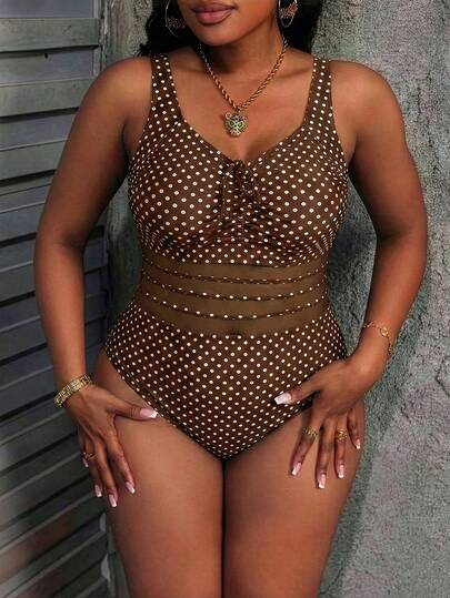 Plus Size Women Polka Dot Print Casual Beach Vacation Front Tie One-Piece Swimsuit Summer