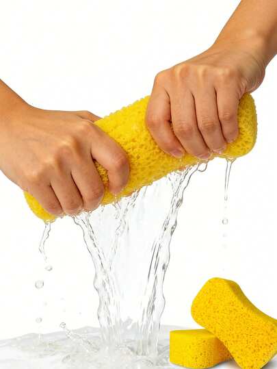 2块装压缩黄色洗车海绵，8字形设计，吸水性强，清洁不刮伤车漆，适用于汽车美容和保养 | 洗车工具、汽车配件、汽车清洁用品、洗车套装必备品、汽车清洁工具、汽车保养必需品、可重复使用的洗车海绵