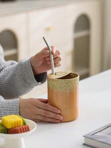 1个600毫升创意裂纹釉陶瓷杯，可作浓缩咖啡杯、创意吸管杯、拉花咖啡杯、水杯、办公水杯、情侣杯、下午茶杯、家用早餐牛奶杯 - 彩色 - 查看 3