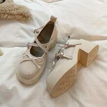 Zapatos pequeños con Cabeza Redonda y suela gruesa nueva princesa francesa de boca poco profunda en primavera zapatos de dama con tacones gruesos y zapatos individuales con lazo, Zapatos mocasines de mujer - Beis - Ver 5