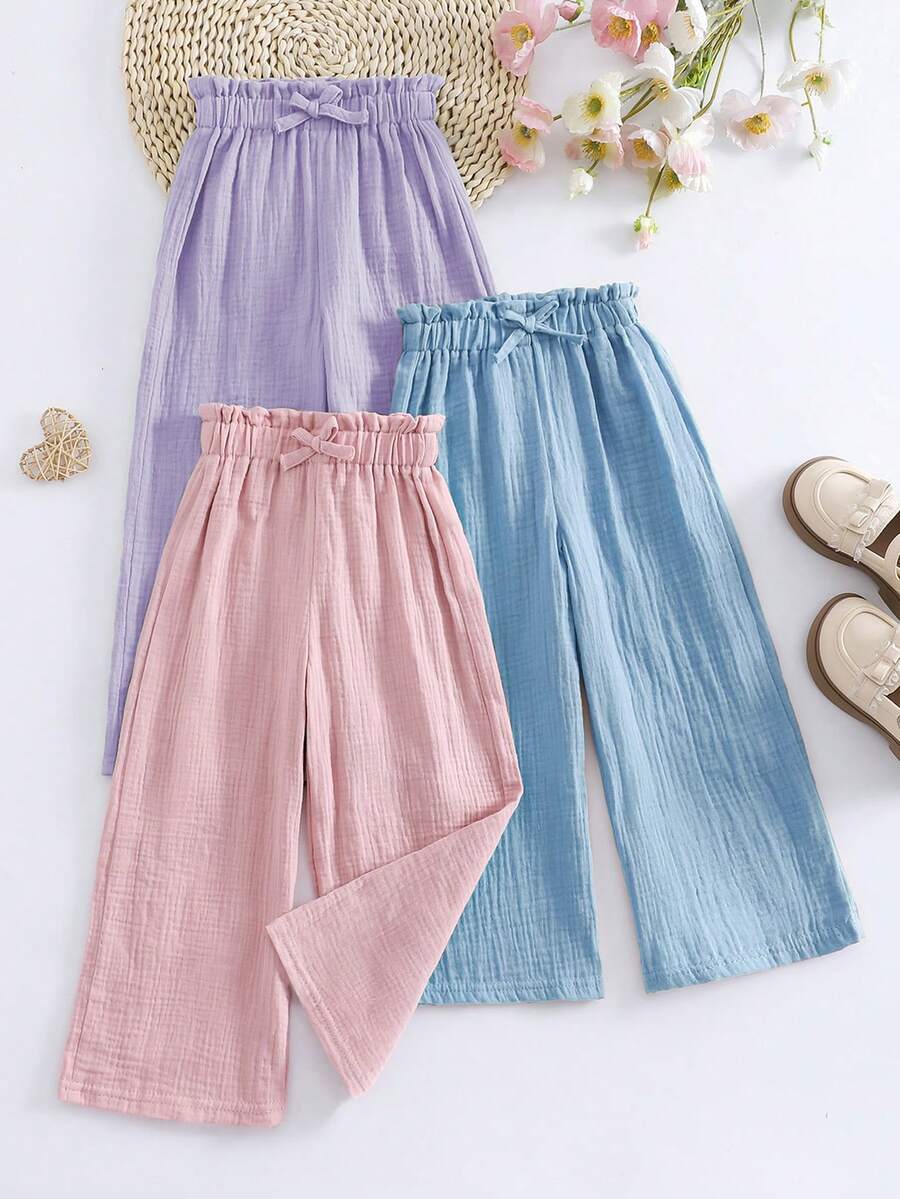 3pcs/Set Girls' Elastic Waist Solid Color Pants, Made Of 100% Cotton Double-Layer Gauze Fabric, Breathable, Decorated With Cute Ruffle Bow At Waist, Suitable For Spring/Summer, Travel Or Casual Daily Wear - Dusty Blue - View 1