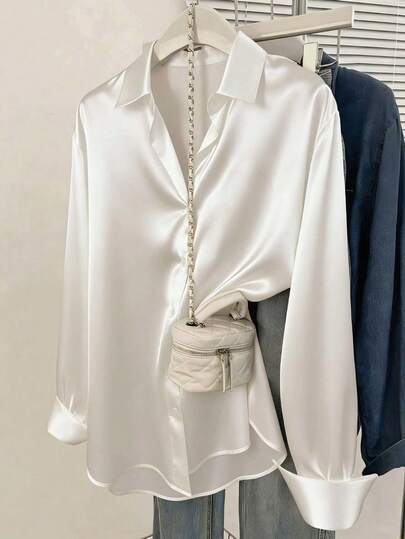 大码女式纯色休闲宽松长袖白色衬衫，春夏款