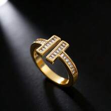 JOJELOO 18K 镀金双 T 形戒指，方晶锆石 - 简约几何设计，可调节个性化戒指，全新时尚配饰，现代简约主义者的优雅礼物 - 金色 - 查看 9