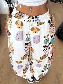 DEAR MOLLY 可爱狗狗印花阔腿裤，舒适百搭高腰宽松休闲女裤，弹性腰带，宽松版型，适合度假和春季穿着。 - 彩色 - 查看 2