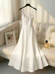 Đầm hai dây mùa hè thanh lịch dành cho nữ, có dây buộc chéo phía sau điều chỉnh được, thích hợp cho khách dự đám cưới hoặc phù dâu. - Màu be - Xem 3