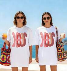Camiseta blanca informal de punto para mujer, camiseta de manga corta y escote redondo de ajuste regular, perfecta para streetwear de verano y fiestas, con tela ligeramente elástica - Blanco - Ver 1