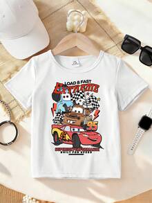 Disney 1pc Baby Boy Authentic Licensed Retro American Racing Flag Lightning Element Printed Casual Comfortable Top, Crew Neck Short-Sleeve T-Shirt, Baby Boy Pullover. This Baby Boy's Clothing Is Suitable For Daily Wear, Versatile And Not Stuffy, Ideal For Spring And Summer Wear, Vacations, Outdoor Activities, Amusement Park Outfits, And Can Also Be Used As A Children's Gift. - 白色 - 查看 11