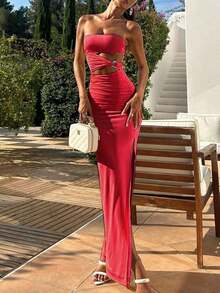 Solid Color Strapless Hollow-Out Summer Vacation Dress Wedding Spring Party - màu nâu - Xem 8