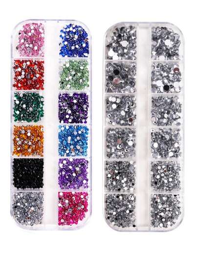 12 ô đính đá nghệ thuật móng tay nhiều kích cỡ, đá acrylic 3D, ngọc trai, phụ kiện trang trí móng tay DIY.