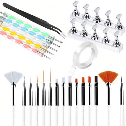 24pcs Nail Art Tools Set, Nail Stand For Press On Holder For Painting Nails, Nail Art Brushes, Liner Brushes, Nail Dotting Tool, Must Haves Design Tools Supplies Kit For Nail Tech & Beginners
