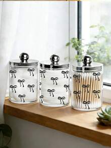 Black Bow Design Cotton Swab Storage Box, Cotton Swab Organizer, Cotton Swab And Dental Floss Container, Transparent Acrylic Makeup Cotton Pad Box, Makeup Brush Holder, Cosmetic Storage Box, Suitable For Home, Office, Desk, Cleaning Ball Storage Box, Bathroom Storage Jar, Transparent Jar, Suitable For Cotton Swabs, Balls, Cotton Pads, Dental Floss (Manual Measurement: 1-2cm Error Possible) - Multicolor 2 - View 5