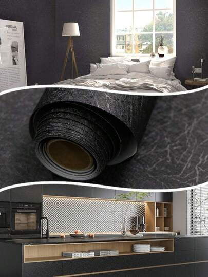 1 Roll Black Peel And Stick Wallpaper, Silk Embossed Self-Adhesive Removable Vinyl Film For Home Decor, Cabinets, Furniture, Shelves, TV Backdrop, Bathroom, Silk Texture Design, 15.7inX39.3/118.1/196.8/393.8in