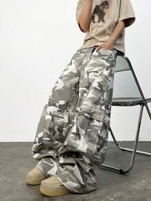 1 pieza Pantalones cargo de camuflaje vintage de marca estadounidense para hombres, pantalones anchos cómodos y holgados con múltiples bolsillos (cinturón y accesorios no incluidos) - Beis - Ver 4