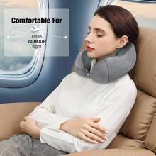 Memory Foam Travel Neck Pillow For Airplane, Adjustable Snap Buttons, Foldable Compact Design With Carry Bag, Washable Velvet Cover, Flat Back Support For Car, Train, Home Use - Grey - View 5