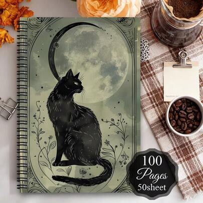 1pc Aesthetic Cats Spiral Notebook - Funny Pet Lover School Office Planner, Cute Cat Personal Organizer With Black Cat Profile Design, Floral Moon Patterns - Birthday Gift For Women, Friends, Sisters, Back To School Gifts,No Pen Included.