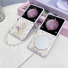 1pc PU Leather Foil Rabbit Pattern Magnetic Phone Case & 1pc Bracelet, Hard PC Backplate Protective Phone Cover, Supports Wireless Charging, Fits Galaxy Z Flip7, Z Flip7FE, Z Flip6, Z Flip5 - Purple - View 10