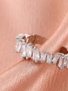 1pc Minimalist Geometric Rhinestone Inlaid Adjustable Open Ring, Elegant Luxury Fashion Versatile Jewelry, Suitable For Daily Wear, Dates, Weddings, A Gift For Her - Silver - View 6