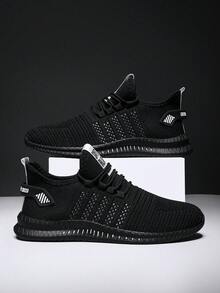 A Pair Of Men's Fashionable Breathable Knit Casual Sports Running Shoes, Suitable For Outdoor And Gym Use, All-Season And Unisex - Black and White - View 3