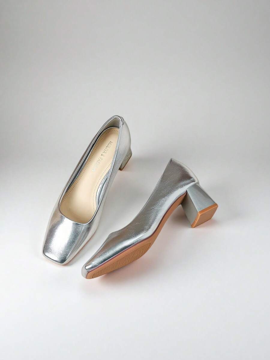 Zapatos de baile de tacón bajo grueso de plata para mujer - Bombas de punta cerrada para fiestas y banquetes - Plateado - Ver 1