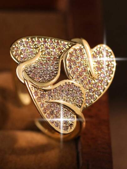 1pc Elegant Glamorous Heart Flower Cubic Zirconia Engagement Rings,Romantic Leaf Ring, Suitable For Daily Wear,Bridal Jewelry Accessories And Mother's Day