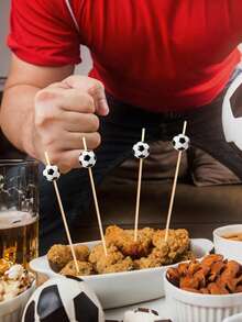 100 piezas de palillos de cóctel con forma de balón de fútbol de bambú, adecuados para bodas, cumpleaños, fiestas con tema deportivo, decoración de fiestas de la Copa del Mundo, centro de mesa - multicolor - Ver 3
