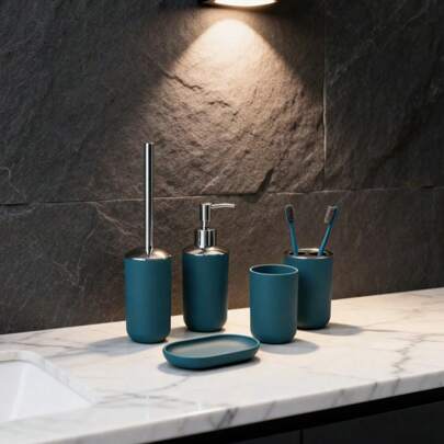 Set da bagno a 5 pezzi, verde opaco/set di accessori per il bagno minimalista, spazzola per WC + dispenser di sapone + bicchiere per risciacquo + portaspazzolino + portasapone