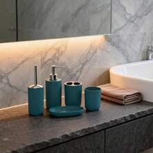 5-Piece Modern Bathroom Set / Minimalist Muted Green / Toilet Brush + Soap Dispenser + Rinse Cup + Toothbrush Holder + Soap Dish - Dark Green - View 1
