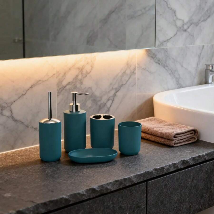 5-Piece Modern Bathroom Set / Minimalist Muted Green / Toilet Brush + Soap Dispenser + Rinse Cup + Toothbrush Holder + Soap Dish - Dark Green - View 1