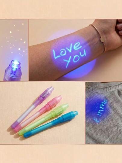 8支装升级版隐形墨水笔套装，带紫外线灯，间谍笔，魔法记号笔，隐形墨水笔，是儿童派对、复活节、圣诞节的理想礼物，适合书写秘密信息，派对小礼物 - 颜色和形状随机