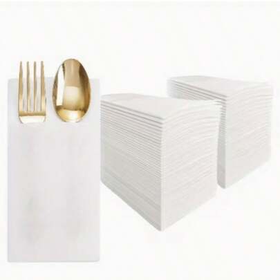Servilletas desechables con sensación de lino y bolsa para cubiertos - Altamente absorbentes y elegante decoración de mesa, adecuadas para bodas, fiestas, vacaciones y ocasiones especiales | Decoración de mesa exquisita | Diseño de almacenamiento de cubiertos