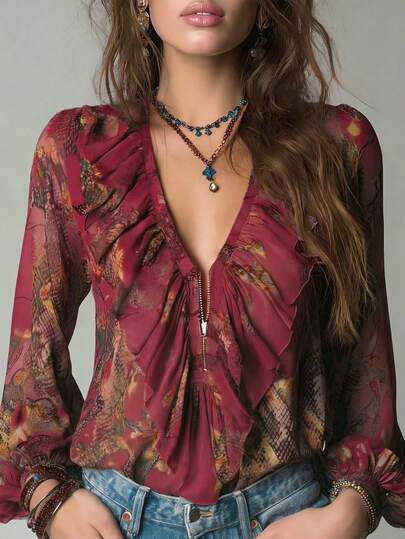 Blusa de mujer de verano con estampado integral, cuello en V profundo, cremallera y mangas con volantes, de estilo elegante y vintage al estilo de vacaciones francesas