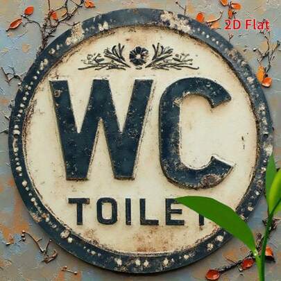 1 件复古圆形金属牌匾，印有“WC”字样，并饰有花卉图案，适合浴室装饰。这款耐用的铝制墙饰也适用于装饰客厅、卧室、门廊（孔位随机）。