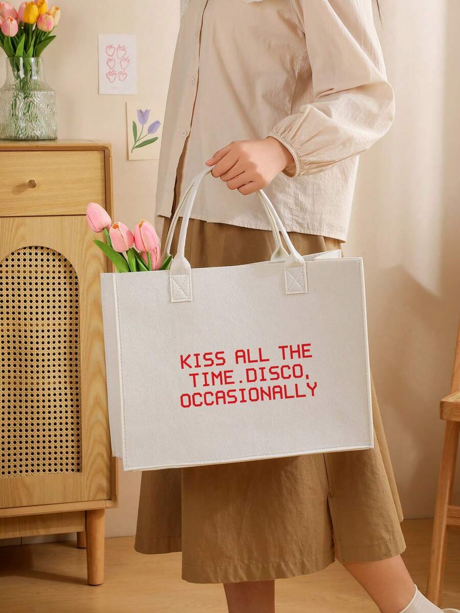 1 pezzo Borsetta in feltro con stampa "Bacia sempre. Disco occasionalmente" come regalo monogramma, borsa shopping invernale, borsa tote come regalo di viaggio per uomo o donna, merchandising album o tour - Bianco - Visualizzare 1