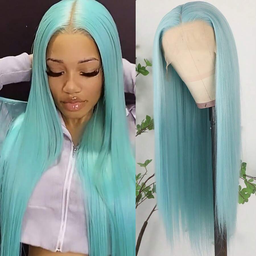 Stunning Purple Hair Synthetic Lace Front Wigs 26 Inch Pre Plucked Long Straight Hair Wigs 13X4 HD Lace Wigs Glueless Dark Purple Colored Wigs Heat Resistant Halloween Wigs Deep Purple Long Silky Straight Lace Front Wigs For Fashion Women For Daily Christmas Party Cosplay Use - băng xanh - Xem 1